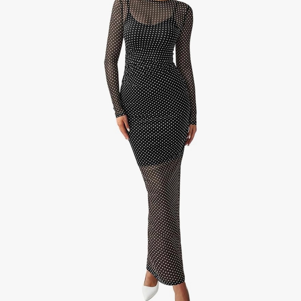 Women’s 2 Piece Set Long Sleeve Polka Dot Sexy Bodycon Mesh Dress Medium
